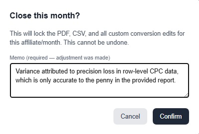 Close month confirmation dialog with required memo